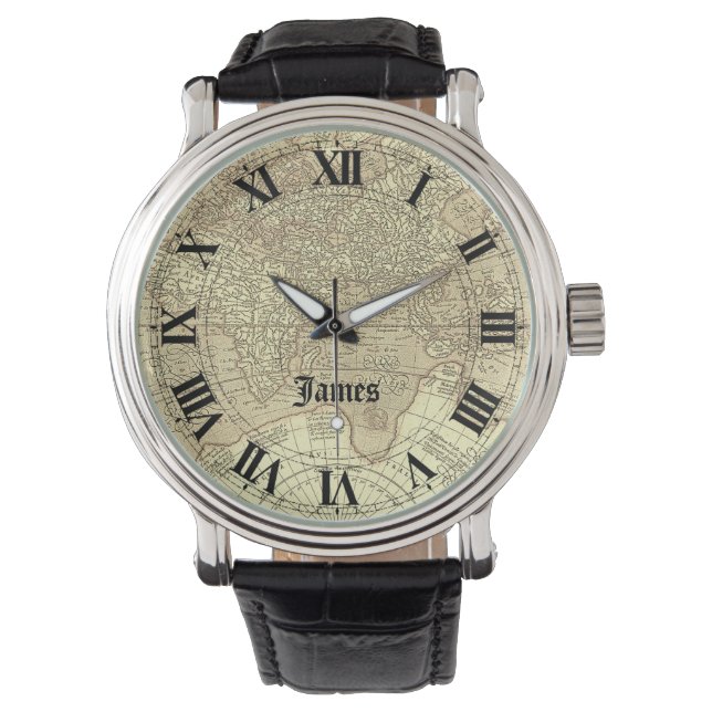 ヴィンテージ旅行テーマワールドマップあなたの名前 腕時計 (正面)