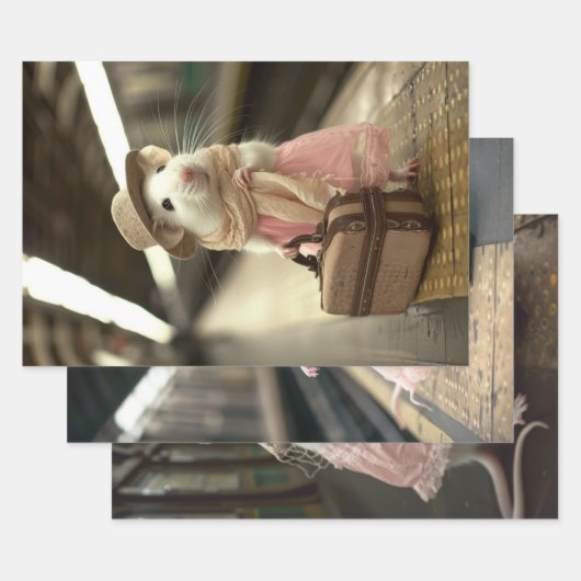 ヴィンテージ旅行ネズミ切り離し ラッピングペーパーシート (セット)