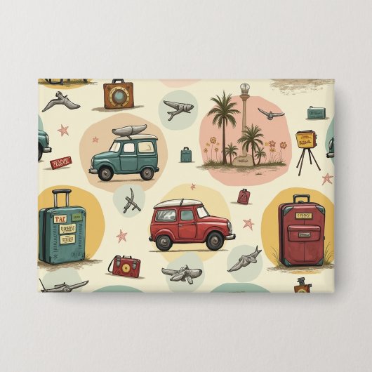 ヴィンテージ旅行パターンボタン 缶バッジ (正面)