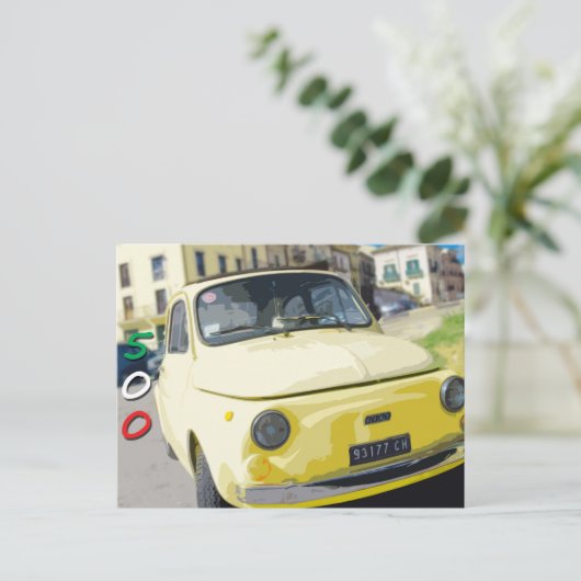 ヴィンテージ旅行フィアット500 Cinquecento，イタリア，黄 ポストカード (スタンド正面)