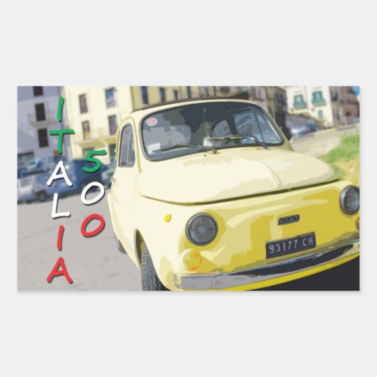 ヴィンテージ旅行フィアット500 Cinquecento，イタリア，黄 長方形シール (正面)