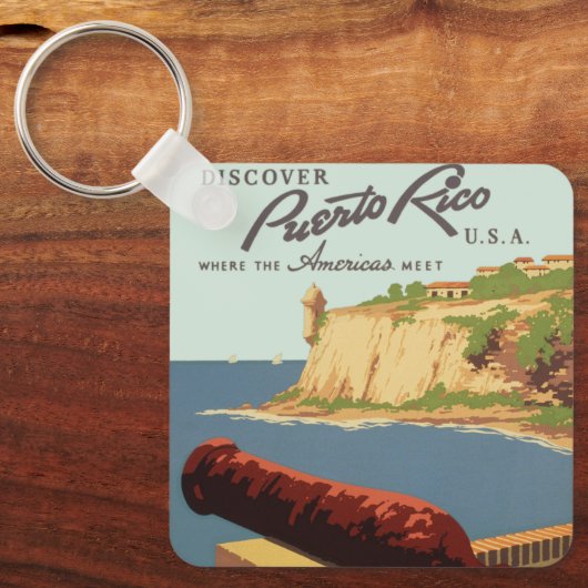 ヴィンテージ旅行ポスターアート、プエルトリコを発見！ キーホルダー (正面)