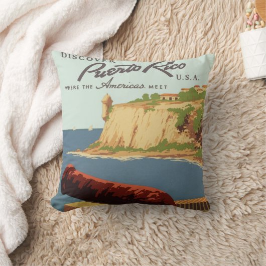 ヴィンテージ旅行ポスターアート、プエルトリコを発見！ クッション (ブランケット)