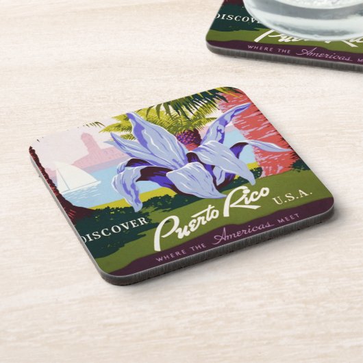 ヴィンテージ旅行ポスターアート、プエルトリコを発見! コースター (左側)