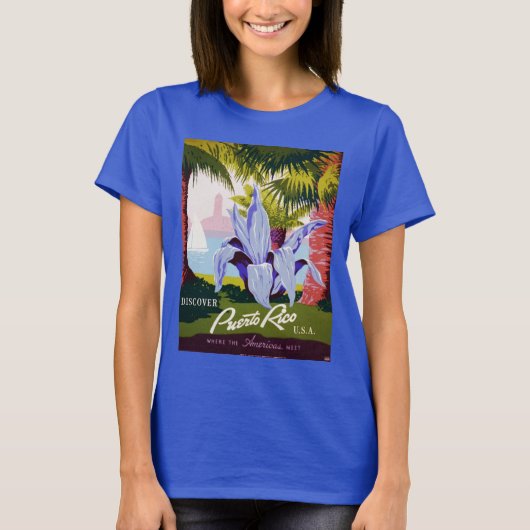 ヴィンテージ旅行ポスターアート、プエルトリコを発見! Tシャツ (正面)