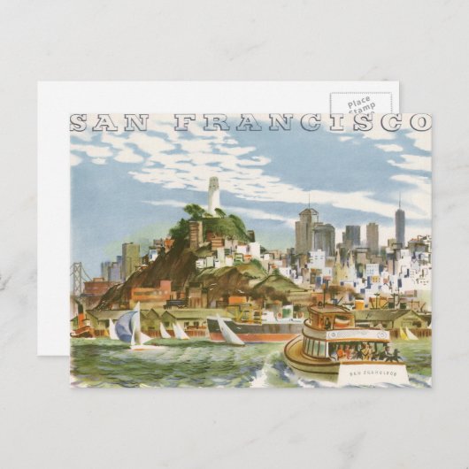 ヴィンテージ旅行ポスターサンフランシスコ湾フェリーボート ポストカード (正面/裏面)