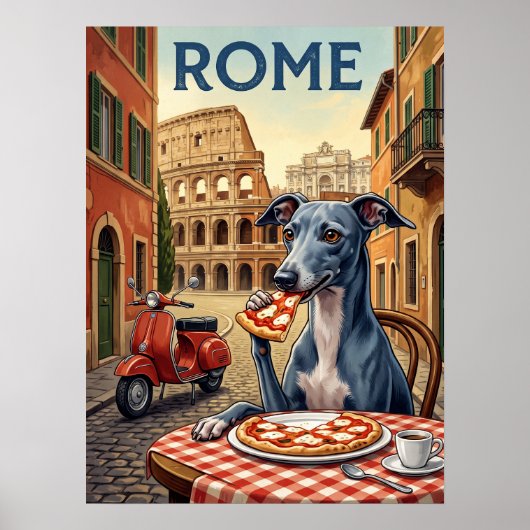 ヴィンテージ旅行ポスター | イタリア ローマ 犬 ピザ ポスター (正面)