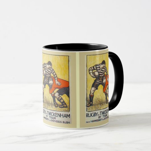 ヴィンテージ旅行ポスター、市街電車でのTwickenhamのラグビー マグカップ (正面右)