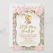 ヴィンテージ旅行マップピンクの金ゴールドフローラ赤ちゃんシャワー 招待状 (正面)