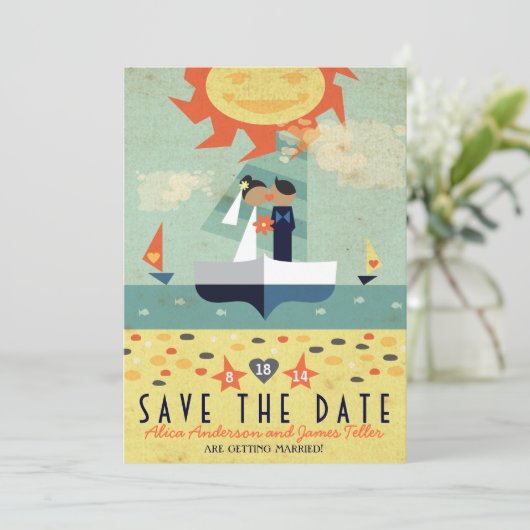ヴィンテージ旅行ヨットの行先の保存日付 招待状 (スタンド正面)