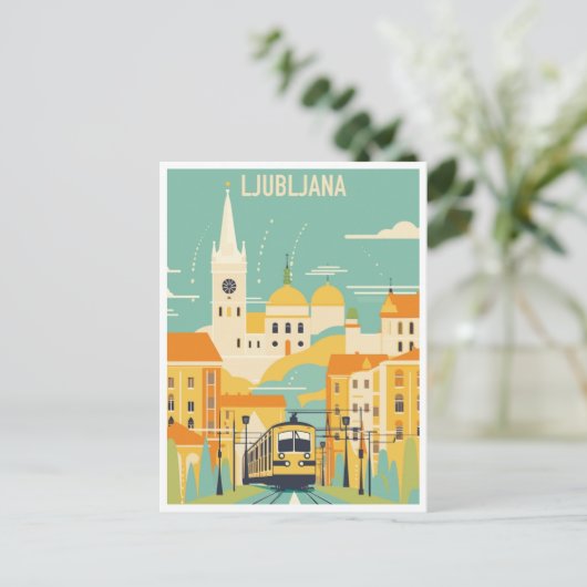 ヴィンテージ旅行リュブリャナスロベニアのレトロな水色 ポストカード (スタンド正面)