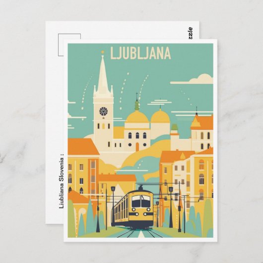 ヴィンテージ旅行リュブリャナスロベニアのレトロな水色 ポストカード (正面/裏面)