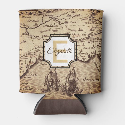 ヴィンテージ旅行地図モノグラムと名前カスタム 缶クーラー (正面)