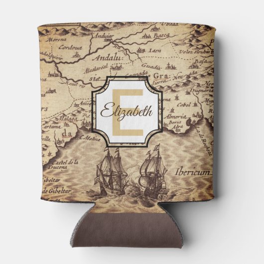 ヴィンテージ旅行地図モノグラムと名前カスタム 缶クーラー (裏面)