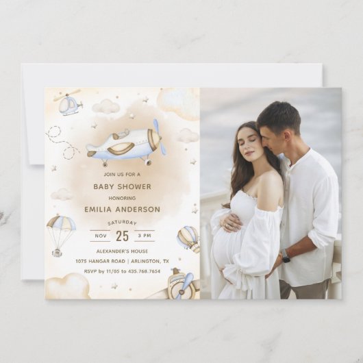 ヴィンテージ旅行機赤ちゃんシャワーパーティー写真 招待状 (正面)