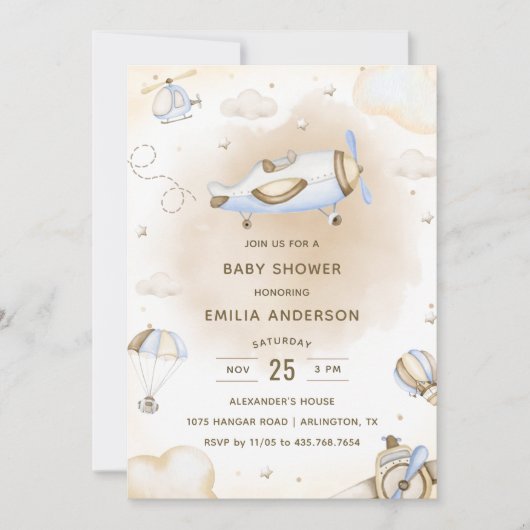 ヴィンテージ旅行機赤ちゃんシャワーパーティー 招待状 (正面)