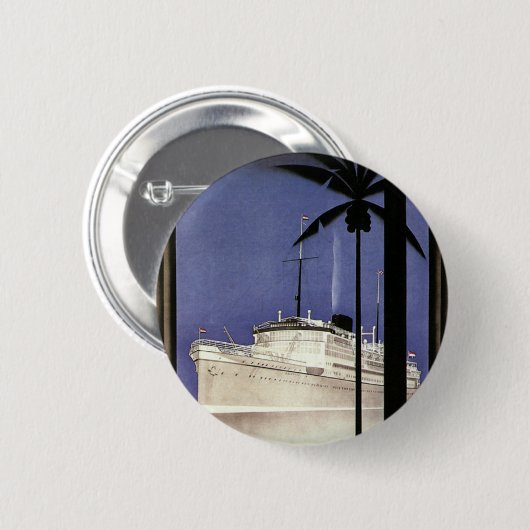 ヴィンテージ旅行熱帯巡航船とヤシの木 缶バッジ (正面&裏面)