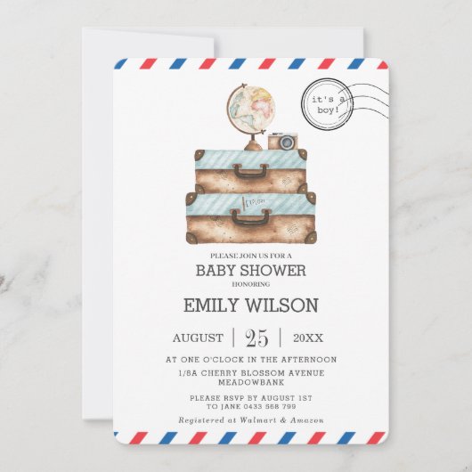 ヴィンテージ旅行航海アドベンチャーベビーシャワーボーイ 招待状 (正面)