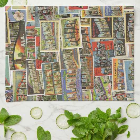ヴィンテージ旅行郵便はがきの台所手タオル キッチンタオル (折り畳み)
