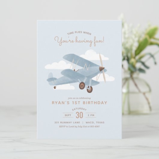 ヴィンテージ旅行飛行機ボーイバースデーパーティー 招待状 (スタンド正面)