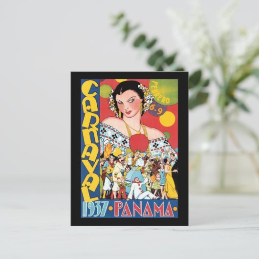 ヴィンテージ旅行1937パナマカーニバルパーティー女性 ポストカード (スタンド正面)