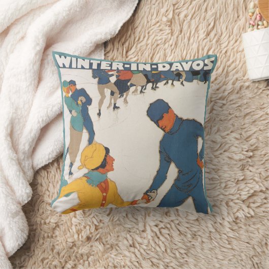 ヴィンテージ旅行，アールデコ，冬のダボスのスイス クッション (ブランケット)