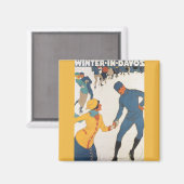 ヴィンテージ旅行，アールデコ，冬のダボスのスイス マグネット (正面/裏面)