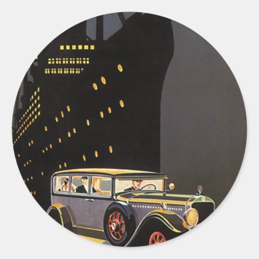 ヴィンテージ旅行、クルーズ船とアンティーク車 ラウンドシール (正面)