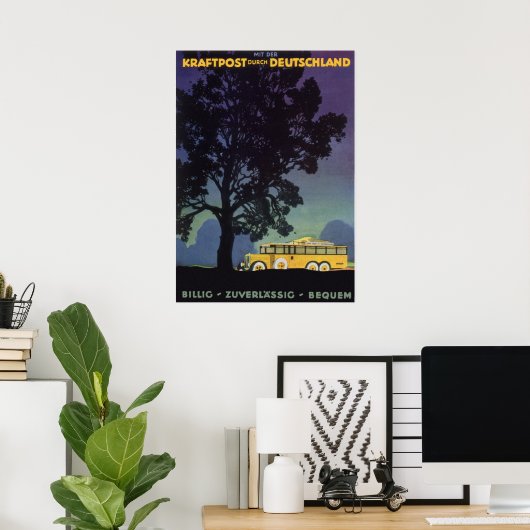 ヴィンテージ旅行,ドイツ,夜の黄色のバス ポスター (ホームオフィス)