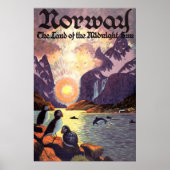 ヴィンテージ旅行、ノルウェーフィヨルドの土地の真夜中の太陽 ポスター (正面)