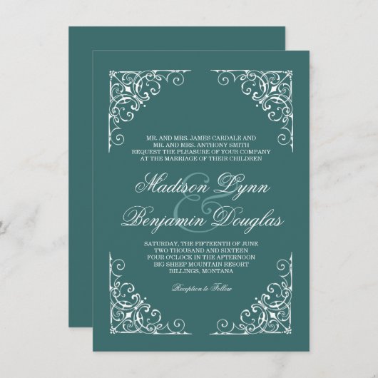 ヴィンテージ旋回フレームアクア結婚式招待状 招待状 (正面/裏面)