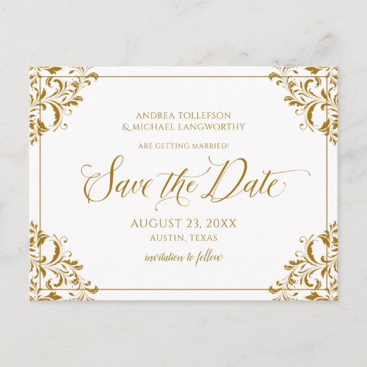 ヴィンテージ日付のエレガント金ゴールド結婚の 案内ポストカード (正面)