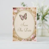 ヴィンテージ日付の結婚バラと蝶を保存 招待状 (スタンド正面)