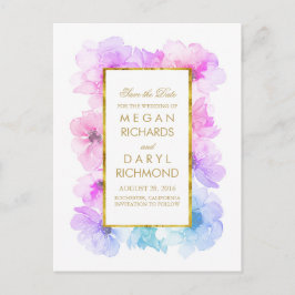 ヴィンテージ日付金ゴールドと青い紫のフローラの保存 案内ポストカード