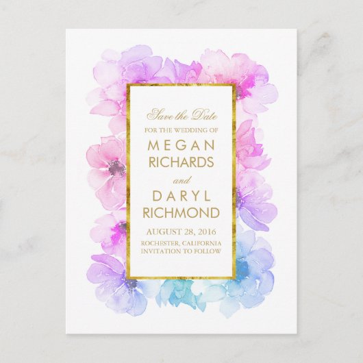 ヴィンテージ日付金ゴールドと青い紫のフローラの保存 案内ポストカード (正面)