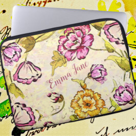 ヴィンテージ日本のかわいらしフローラ水彩及びインク ラップトップスリーブ