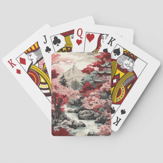 ヴィンテージ日本のさくらんぼの花と川の森 トランプ (裏面)