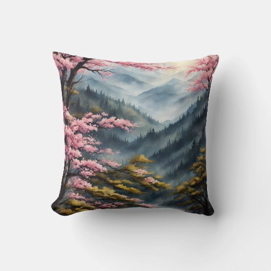 ヴィンテージ日本のさくらんぼブロッサムフォレストウォーターの色 クッション (正面)