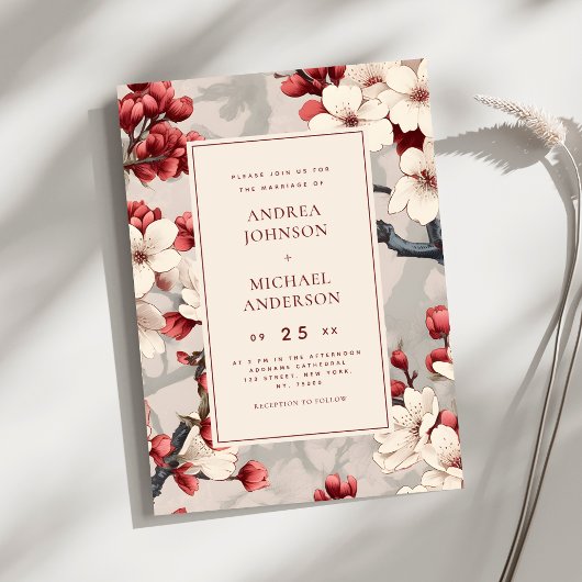 ヴィンテージ日本のさくらんぼブロッサム結婚ブルゴーニュ 招待状