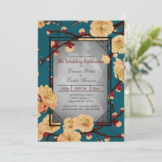 ヴィンテージ日本のさくらんぼブロッサム結婚式招待状 招待状 (スタンド正面)