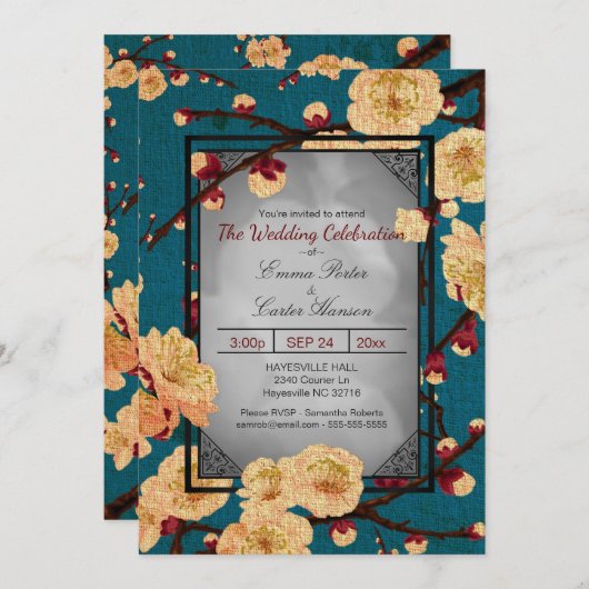 ヴィンテージ日本のさくらんぼブロッサム結婚式招待状 招待状 (正面/裏面)