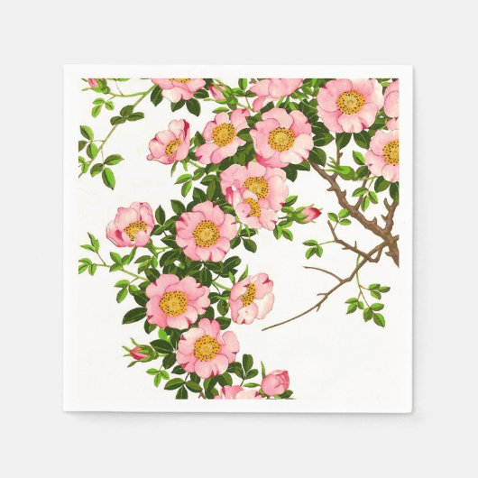 ヴィンテージ日本のさくらんぼ、ピンク、金ゴールド スタンダードカクテルナプキン (正面)