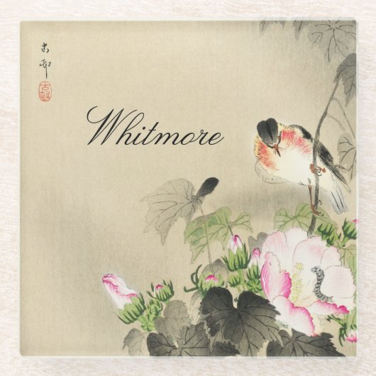 ヴィンテージ日本のとピンクの花プリントガラス ガラスコースター (正面)