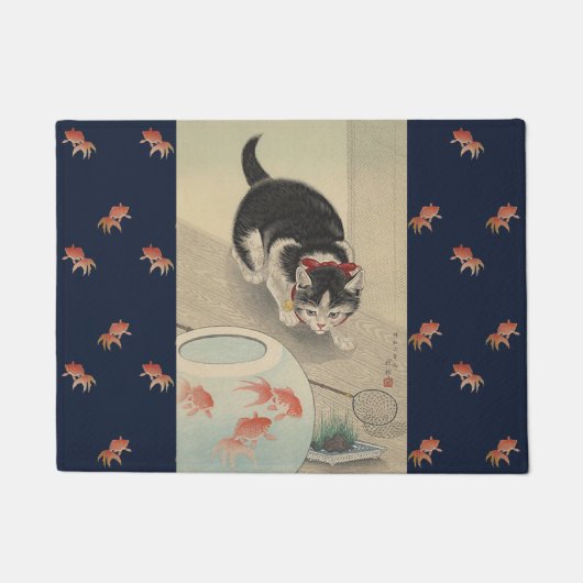 ヴィンテージ日本のな猫の狩りの金魚の芸術 ドアマット (正面)