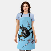 ヴィンテージ日本ののカラスとさくらんぼ エプロン (着用した状態)