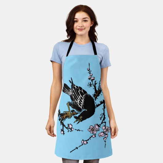 ヴィンテージ日本ののカラスとさくらんぼ エプロン (着用した状態)