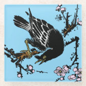 ヴィンテージ日本ののカラスとさくらんぼ ガラスコースター (正面)