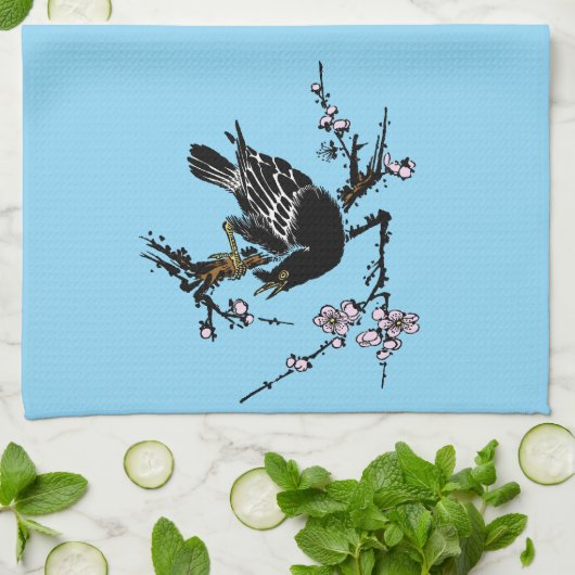 ヴィンテージ日本ののカラスとさくらんぼ キッチンタオル (折り畳み)