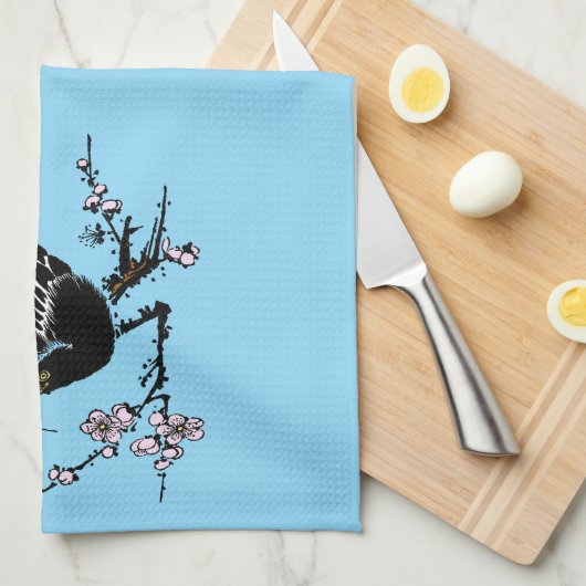 ヴィンテージ日本ののカラスとさくらんぼ キッチンタオル (四つ折り)