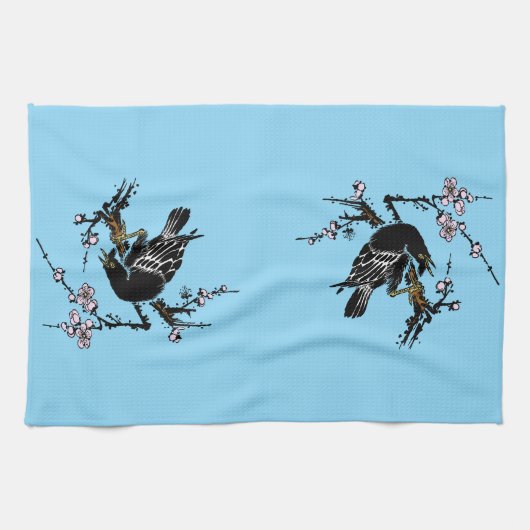 ヴィンテージ日本ののカラスとさくらんぼ キッチンタオル (横)